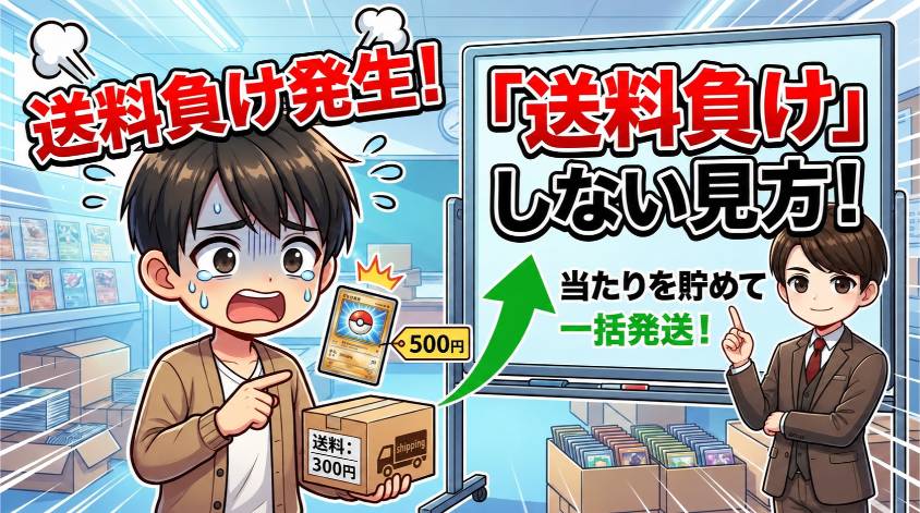 ポケカオリパ通販で送料負けを防ぐため、当たりカードを貯めて一括発送する方法を解説したイラスト