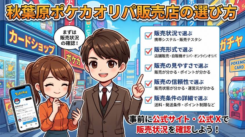 秋葉原のポケカオリパ販売店の選び方のイラスト