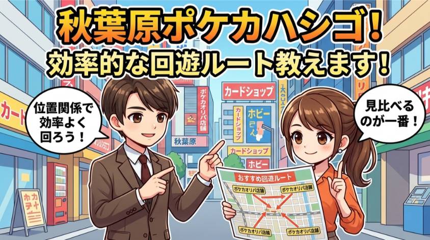 秋葉原駅からポケカオリパ店舗を回るおすすめルートのイラスト