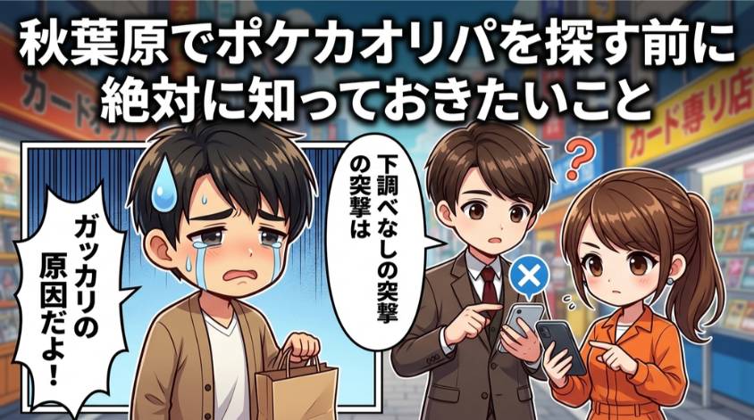 秋葉原でポケカオリパを探す前に知っておきたい注意点を説明するイラスト