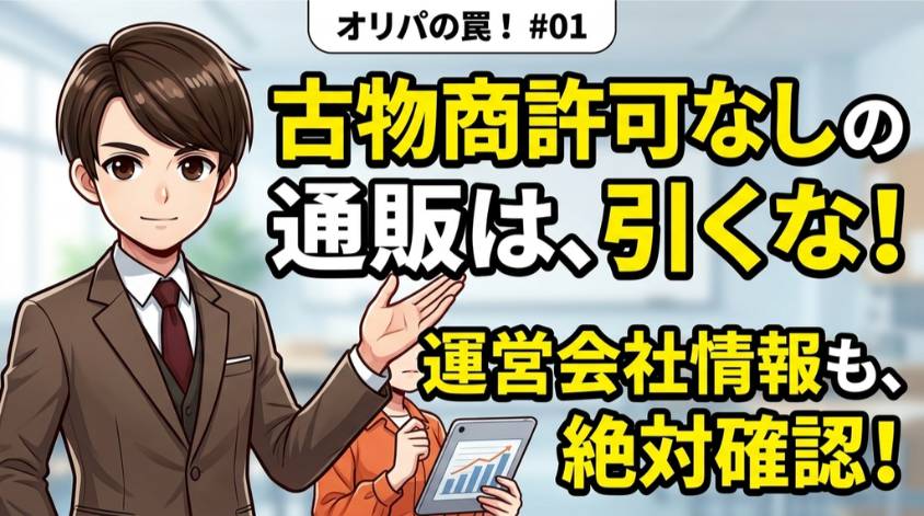 古物商許可や運営会社情報が確認できないポケカオリパ通販サイトを避けるよう注意喚起する画像