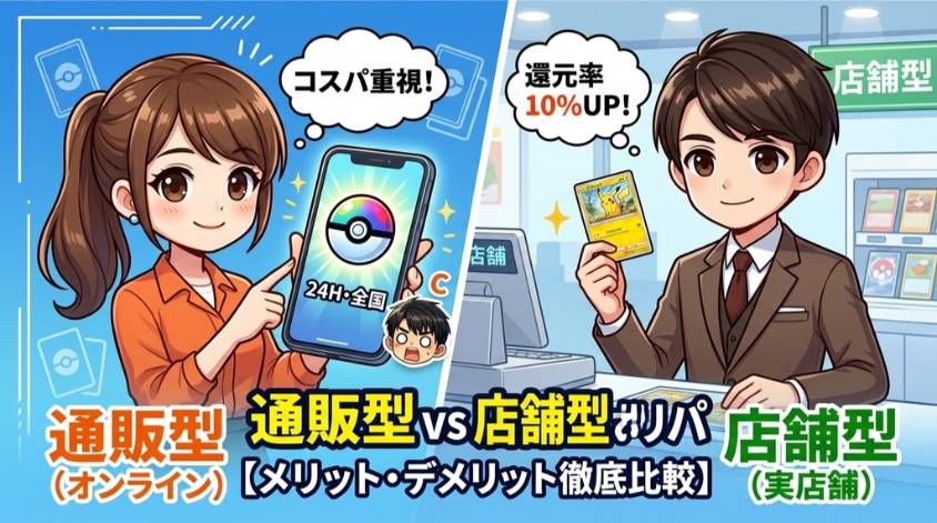 ポケカオリパの通販型と店舗型について、コスパや還元率などのメリット・デメリットを比較するイラスト
