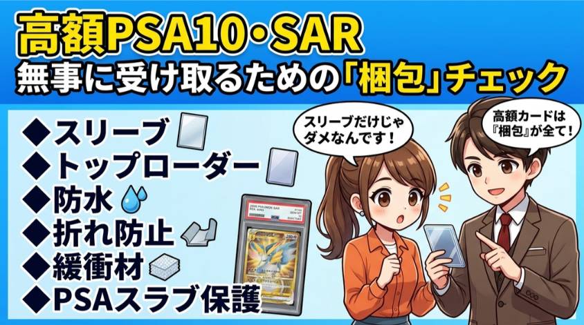 高額なPSA10・SARカードを安全に受け取るため、スリーブ、トップローダー、防水、折れ防止、緩衝材、PSAスラブ保護を確認する梱包チェック画像