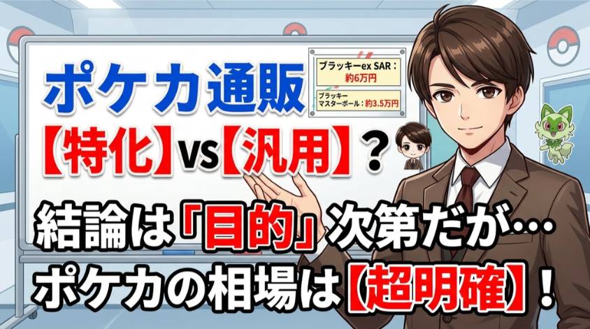 ポケカ特化の通販サイトと汎用オリパサイトの違いを比較し、目的に合った選び方を解説するイラスト