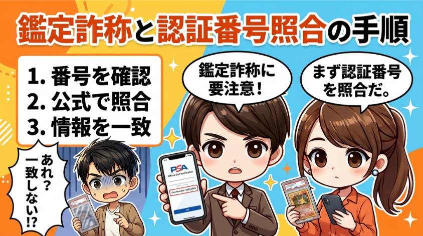 偽スラブやラベル貼替などの鑑定詐称を見抜くため、PSA認証番号を公式サイトで照合し、カード情報の一致を確認する手順を示した画像