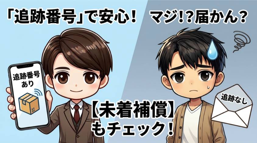 ポケカオリパ通販の追跡番号の有無と未着補償を比較し、配送状況を確認する重要性を示したイラスト